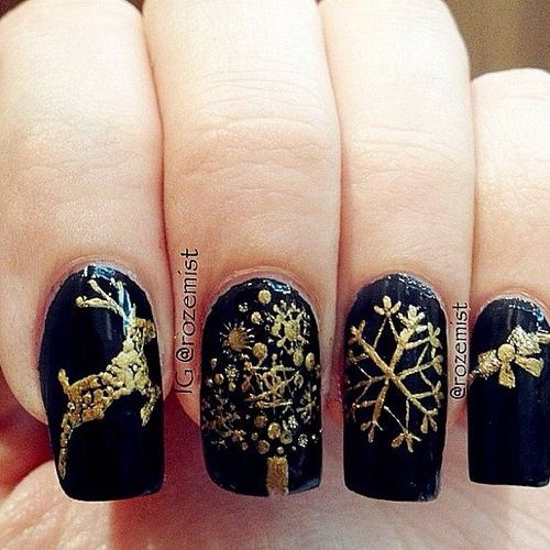 Black Nails With Gold Reindeer And Snowflakes Design Nail Art