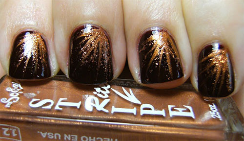 Black Nails With Gold Sparkle Autumn Flower Nail Art