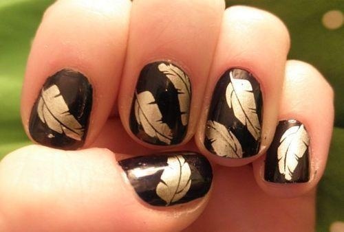 Black Short Nails With Silver Autumn Leafs Nail Art
