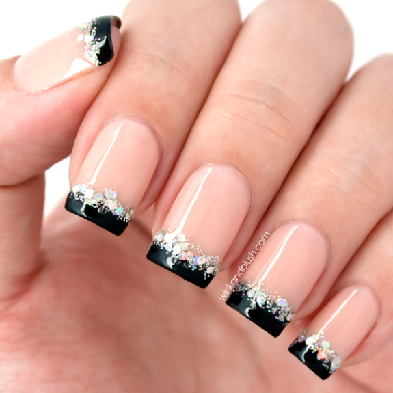 Black Tip And Silver Glitter Winter Nail Art