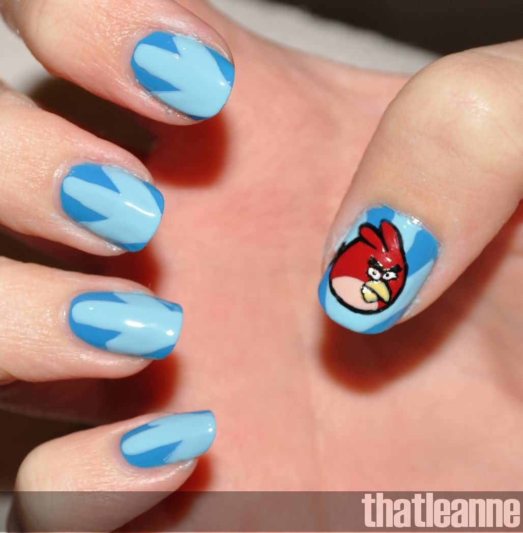 Blue Acrylic Arrows With Red Angry Birds Nail Art