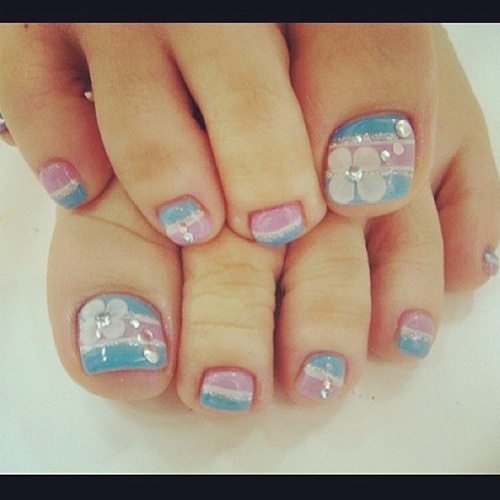 Blue And Pink Nails With Flowers Design Toe Nail Art