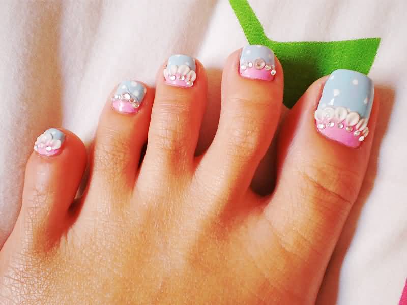 Blue And Pink Toe Nails With White Flowers Design Idea