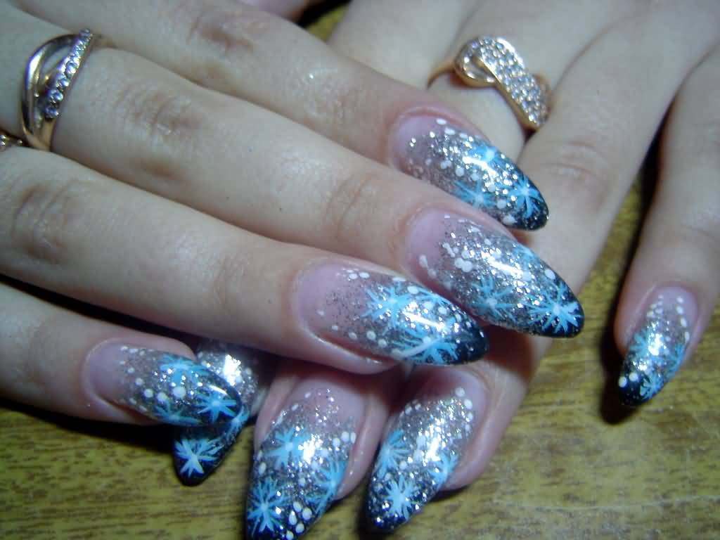 Blue And Silver Glitter With Snowflakes Design Winter Nail Art