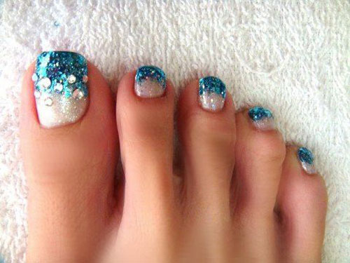 Blue And White Glitter Toe Nail Art