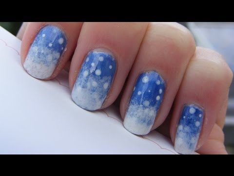 Blue And White Ombre Nails With Polka Dots Winter Nail Art