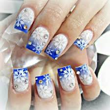 Blue And White Ombre Nails With Snowflakes And Rhinestones Design Winter Nail Art