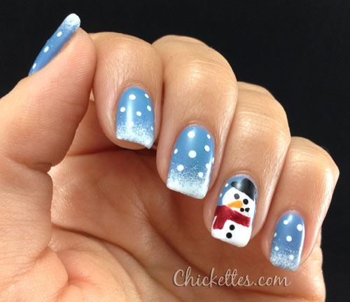 Blue And White Polka Dots And Snowman Winter Nail Art