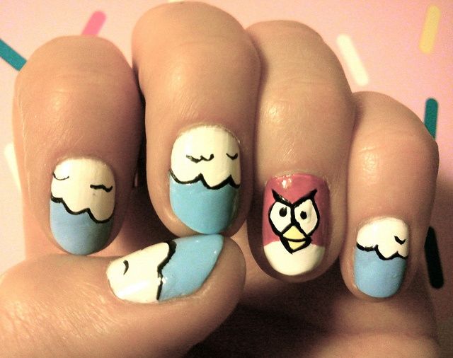 Blue And White Sky View With Accent Angry Birds Nail Art