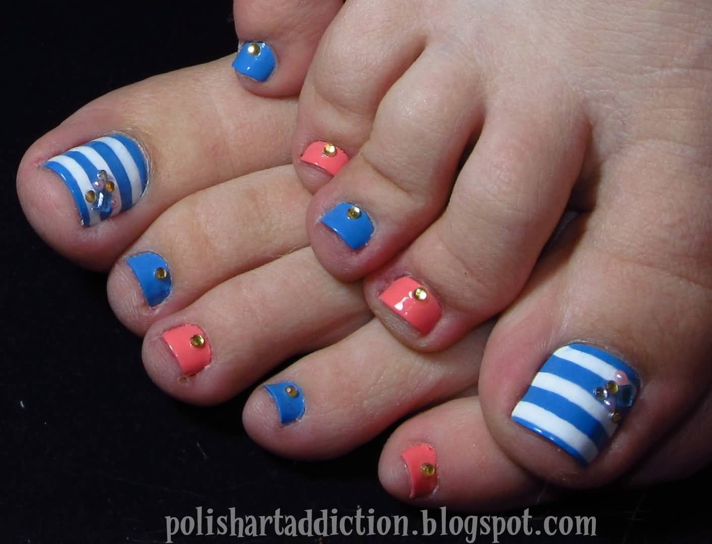 Blue And White Stripes Toe Nail Art