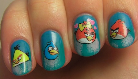 Blue Base Nails With Angry Birds Nail Art Stickers