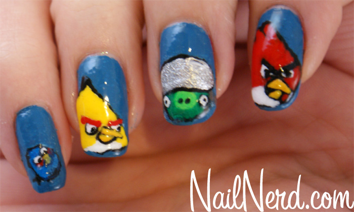 Blue Base Nails With Angry Birds Nail Art