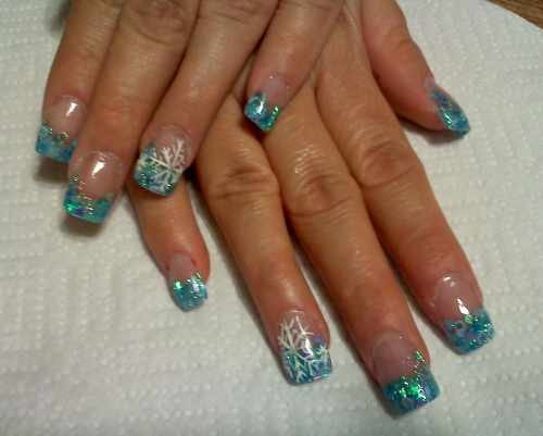 Blue Glitter French Tip And Snowflakes Winter Nail Art