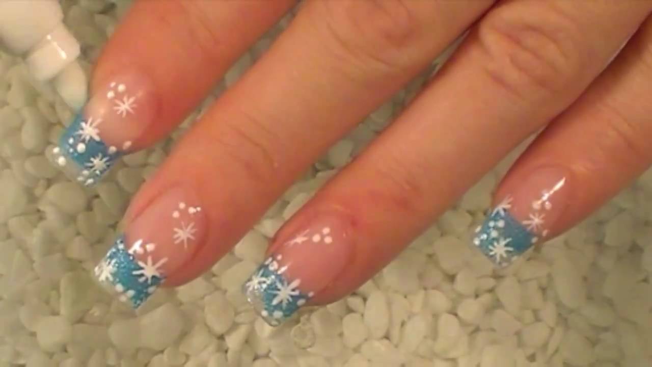 Blue Glitter Gel French Tip With White Snowflakes Design Winter Nail Art