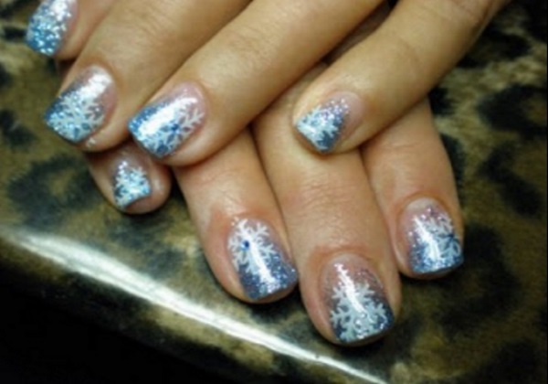 Blue Glitter Gel Tip Nails With White Snowflakes Design Winter Nail Art