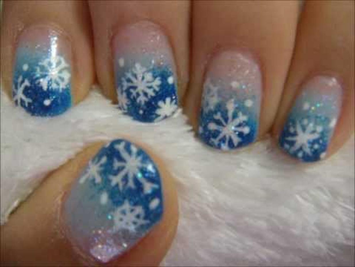 Blue Glitter Gel With Snowflakes Design Winter Nail Art
