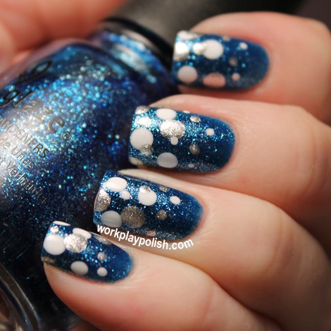 Blue Glitter Nails With Polka Dots Winter Nail Art