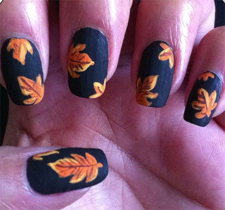 Blue Matte Nails With Fallen Leaves Autumn Nail Art