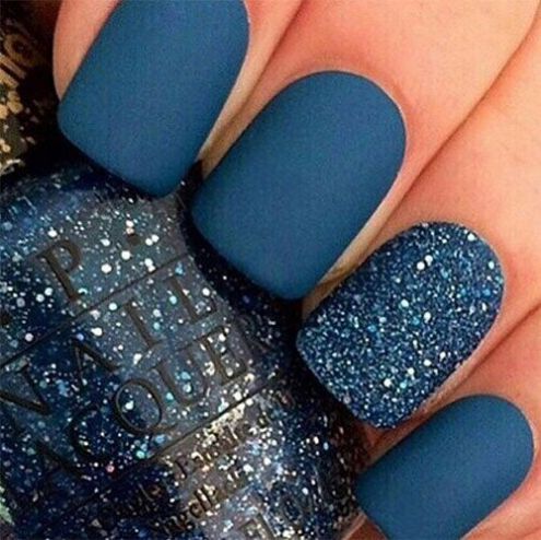 Blue Matte Nails With Glitter Accent Winter Nail Art