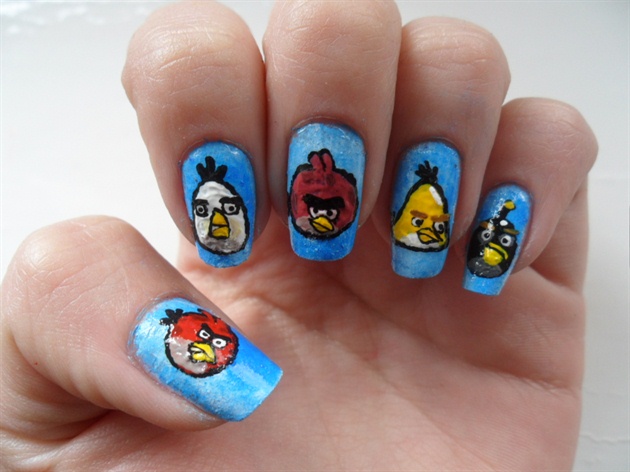 Blue Nails With Angry Birds Nail Art