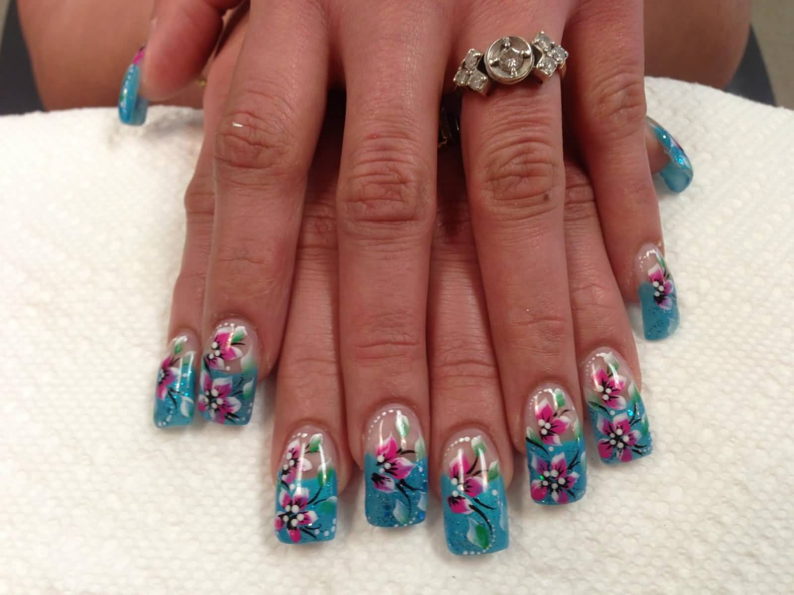 Blue Nails With Pink Flowers Winter Nail Art