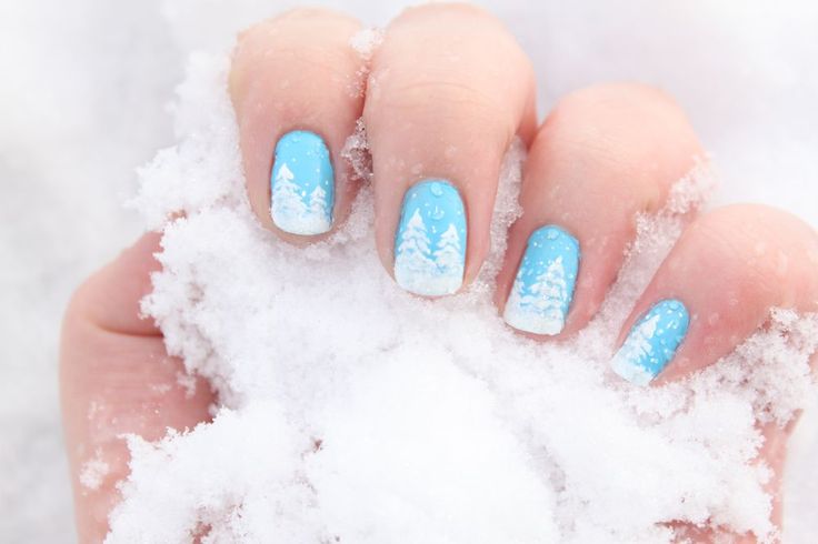 Blue Nails With Snowed Trees Winter Nail Art