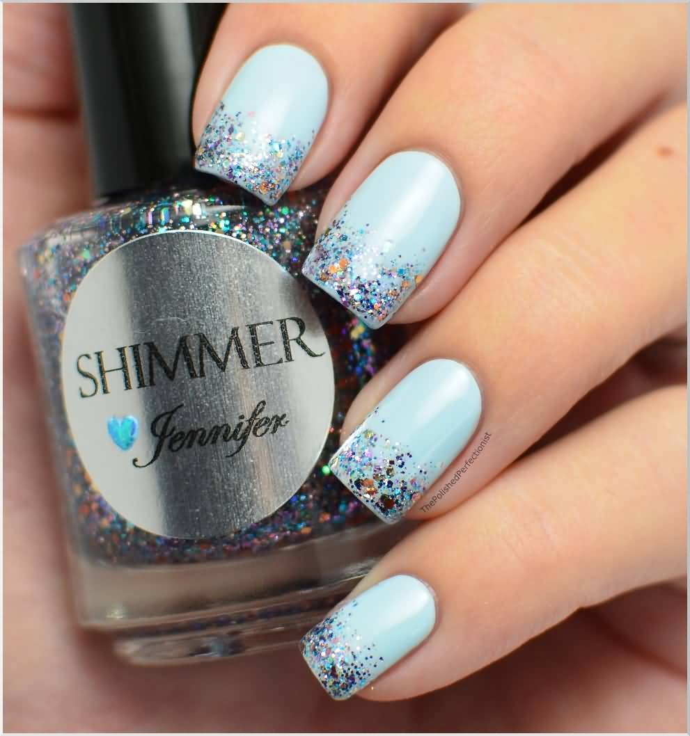 Blue Nails With Sparkle Tip Design Winter Nail Art