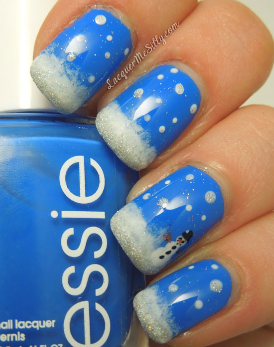 Blue Nails With White Polka Dots And Tip Snowman Winter Nail Art