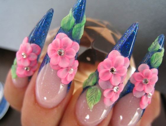 Blue Stiletto Nails With Pink 3D Flowers Nail Art Design