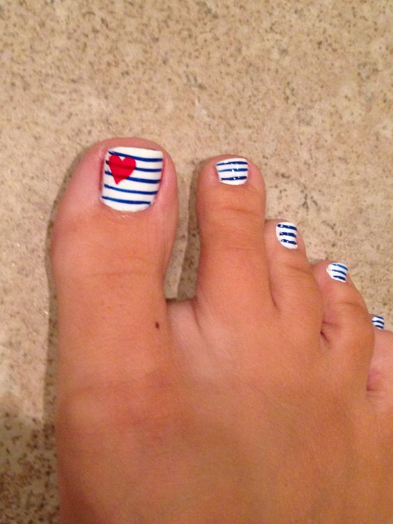 Blue Stripes And Red Heart Design Toe Nail Art