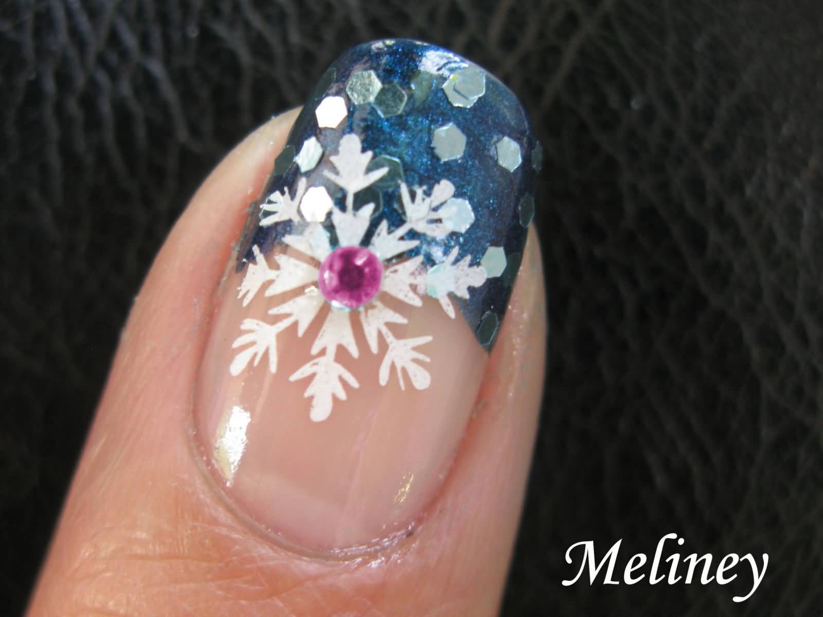 Blue Tip And White Snowflakes Design Winter Nail Art