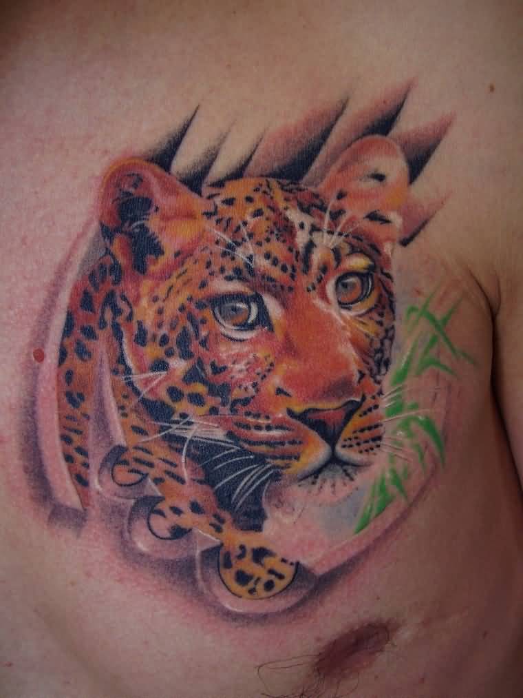 Brilliant Color Ink Jaguar Tattoo On Chest