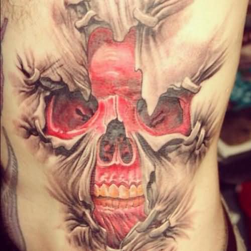 Brilliant Evil Ripped Skin Tattoo On Side Rib