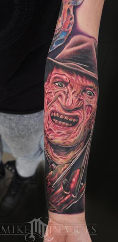 Brilliant Freddy Krueger Portrait Tattoo On Arm Sleeve