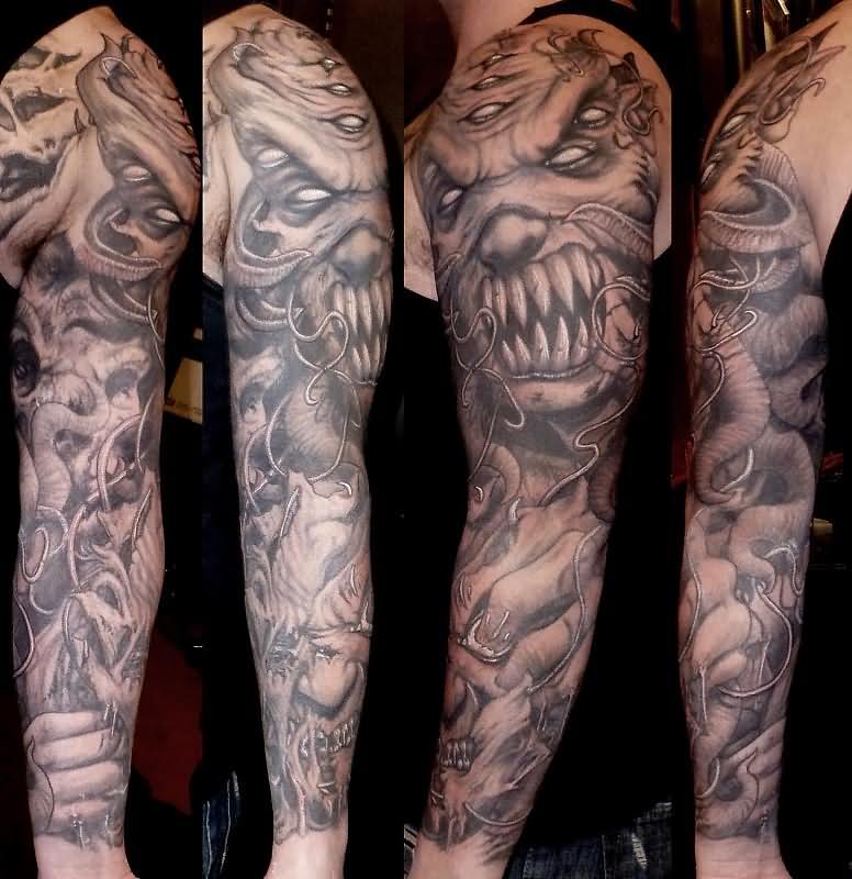 Brilliant Grey Ink Evil Tattoo On Left Full Sleeve