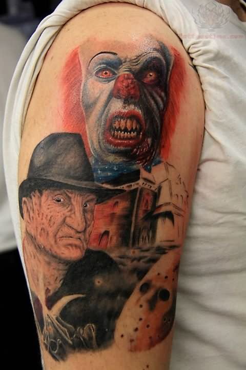 Brilliant Jason Mask With Clown And Freddy Krueger Tattoo On Right Half Sleeve