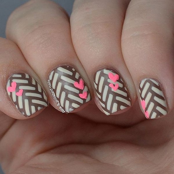Brown And White Stripes Winter Nail Art With Pink Hearts Design