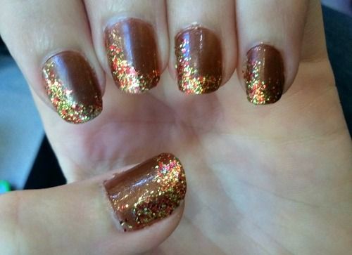 Brown Nails With Glitter Design Autumn Nail Art