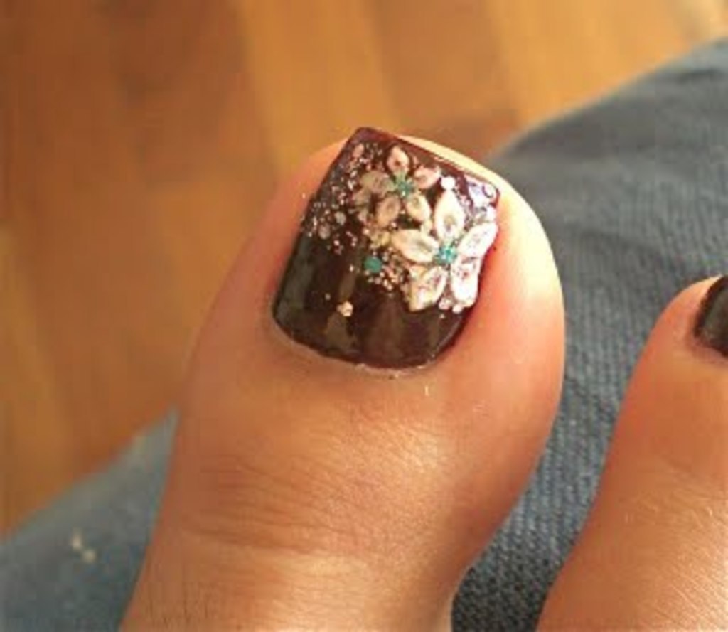 Brown Nails With White Flowers Toe Nail Art