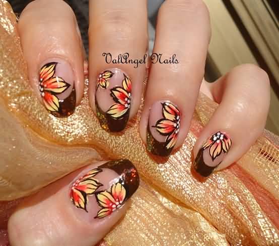 Brown Tip With Flowers Autumn Nail Art