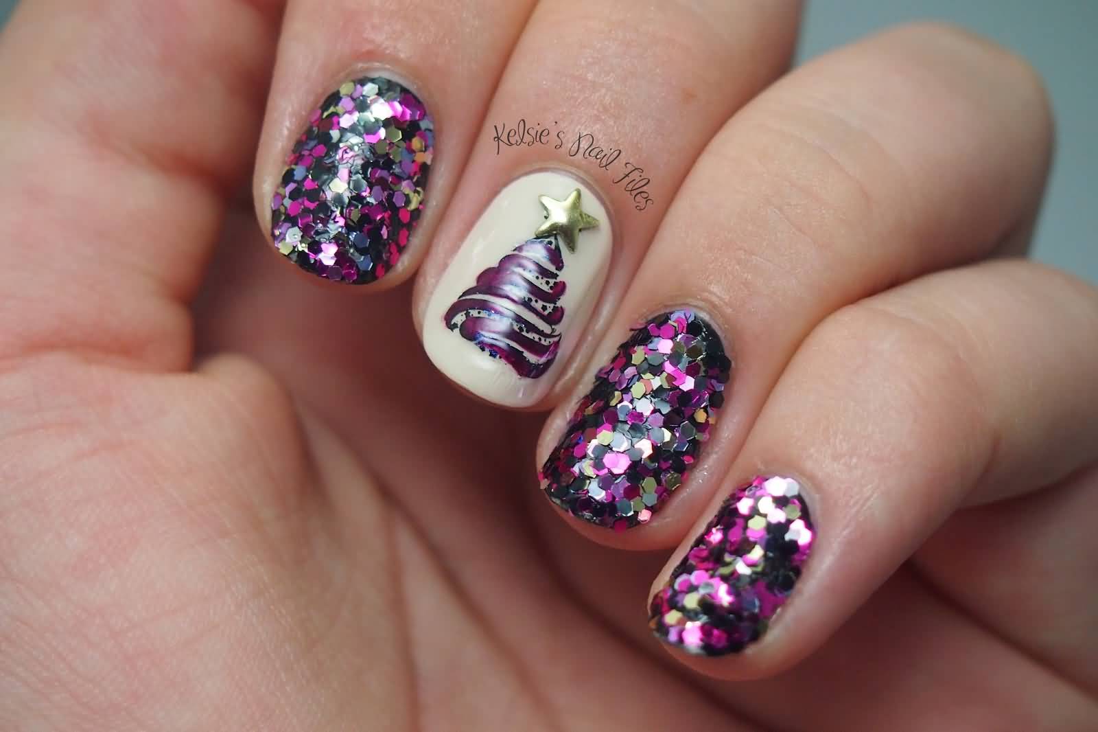 Christmas Tree And Sparkles Winter Nail Art