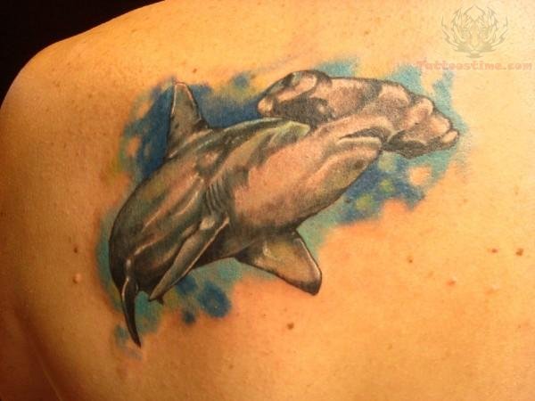 Color Ink Hammerhead Shark Tattoo On Back Shoulder