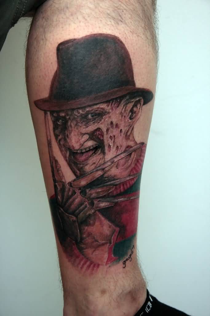 Color Ink Smiling Freddy Krueger Tattoo On Leg By Graynd