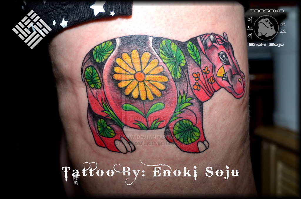 Colored Flowers On Hippo Full Body Traditional Tattoo