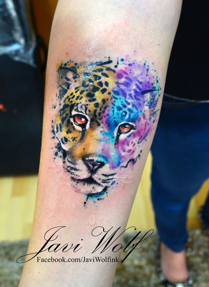 Colored Jaguar Face Tattoo On Forearm By Javi Wolf