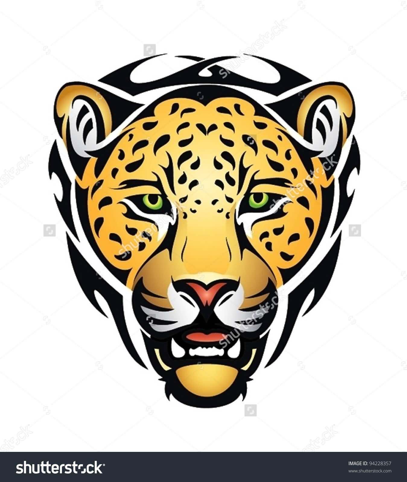Colored Jaguar Head With Tribal Design Tattoo Stencil