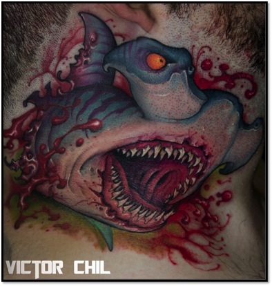 Colored Killer Hammerhead Shark With Blood Tattoo On Neck