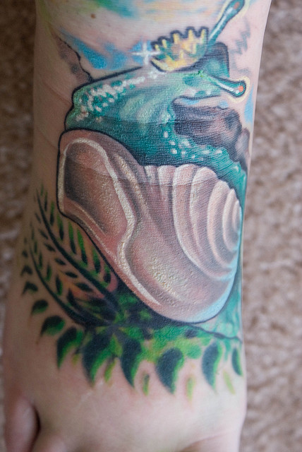 Colored Snail With SeaShell Tattoo On Right Foot