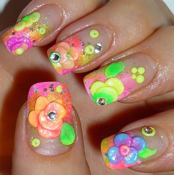 Colorful 3D Flowers Nail Art