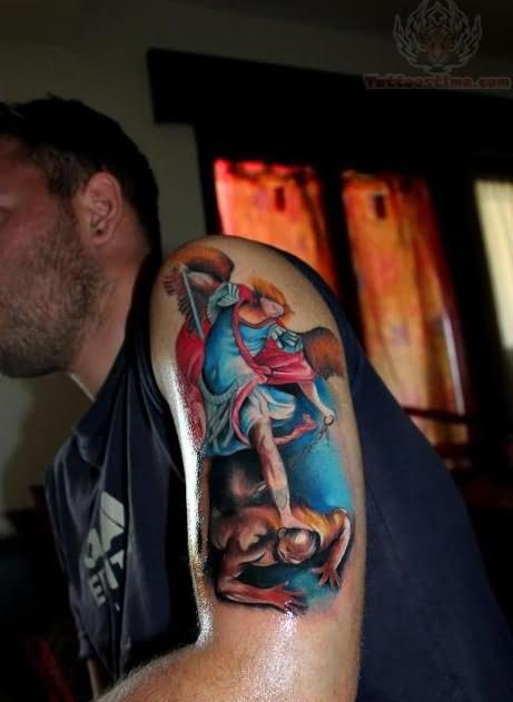 Colorful Angel Beating Evil Tattoo On Left Half Sleeve